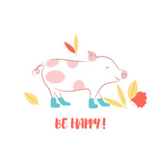 Vector Illustration. Design template card with cute character. Icon line style of pig and autumn leaves with text 