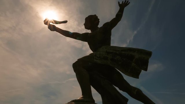 Epic shot of a bronze statue at the Citadel on Gellert hill in Budapest, Hungary. The fortress was built in 1851