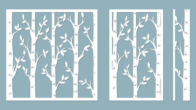 Birch Grove background. Vector birch or aspen trees with leaves. Pattern suitable for laser cutting or print. Template for plotter and screen printing. serigraphy.