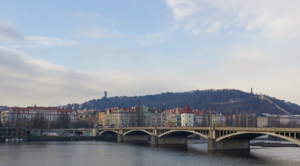 Fototapeta na wymiar Palackeho bridge on a river in Prague city