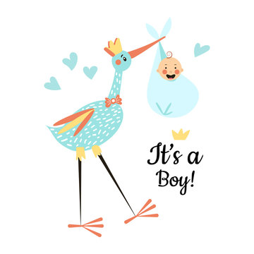Vector Illustration. Design template card with hand lettering for baby shower. Cute funny stork and boy with different childish elements. Poster for the kid's birthday. 