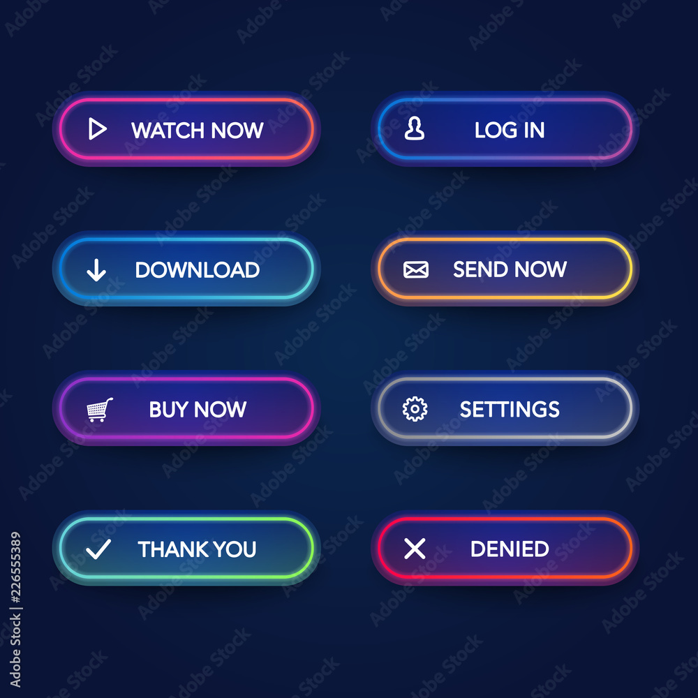 Poster vector set of modern neon glowing buttons with different colors and icons on dark rounded forms.