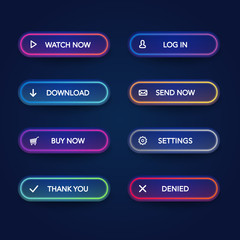Vector set of modern neon glowing buttons with different colors  and icons on dark rounded forms.