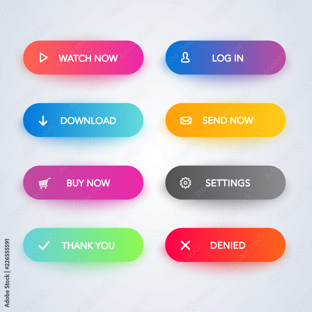 Poster set of vector modern material style buttons. different gradient colors and icons with shadows.