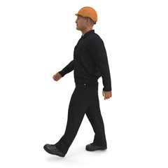 Worker In Black Uniform with Hardhat Walking Pose. 3D illustration