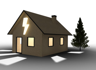 3D render of qlowing cardboard house with flash symbol. Isolated on white background.