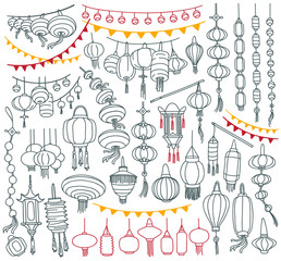Chinese paper lanterns doodle set. Different shapes and types. Traditional Asian holidays decoration. Hand drawn vector illustration isolated on white background.