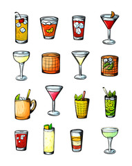 Alcoholic drinks set. Glass of cocktails. Isolated black and white vintage engraving. Sketch art, coloring cartoon style. Hand draw. Vector illustration