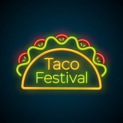 Fototapeta na wymiar Mexican tacos food bar neon light label isolated illustration. Delicious vector glowing light taco with beef meat, green salad and red tomato with sign Taco Festival for cafe neon label event logo