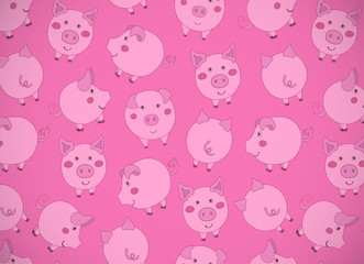 Horizontal greeting card with cute cartoon pink pigs, apples and acorns on dark pink. Vector