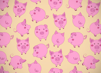 Horizontal greeting card with cute cartoon pink pigs, apples and acorns on yellow. Vector illustration.