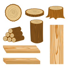 Set of wood logs for forestry and lumber industry. Illustration of trunks, stump and planks.
