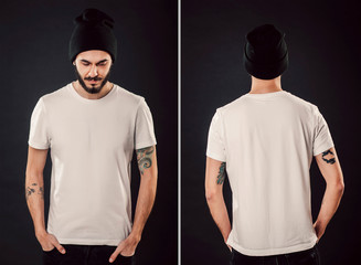 White t-shirt on a young man isolated, front and back