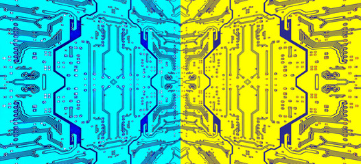 Divided in half turquoise and yellow circuit board symmetrical pattern as abstract technology background.
