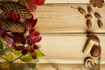 beautiful autumn background with mushrooms leaves and cones on an old wooden table