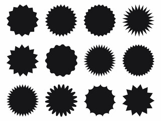 Set of vector starburst, sunburst badges. Black icons on white background. Simple flat style vintage labels, stickers. 
