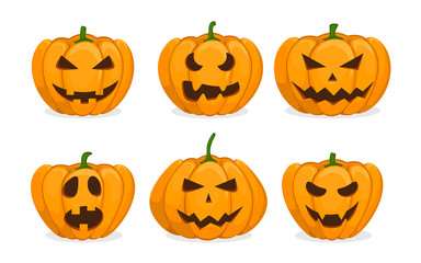 Set of orange pumpkins. Carved scary pumpkins. Elements for autumn Halloween holiday. Cartoon vector illustration.