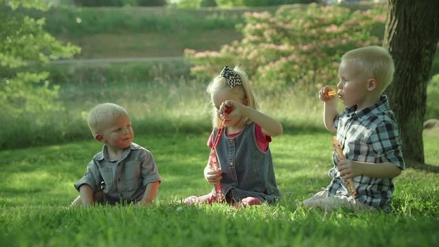 Happy three kids blowing soap bubbles in park seatting on the grass Slow motion Ful HD