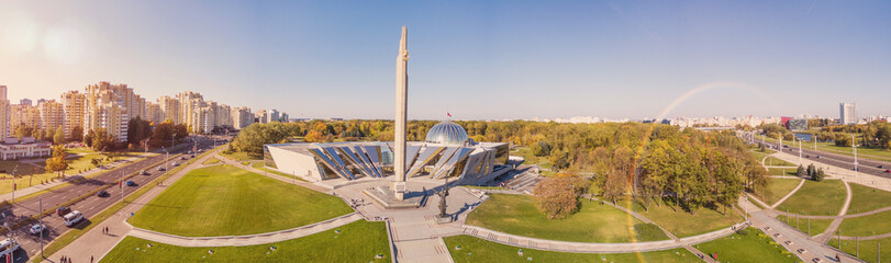 Aerial view of Stela obelisk Hero city Minsk and Belarusian Great Patriotic War Museum - obrazy, fototapety, plakaty