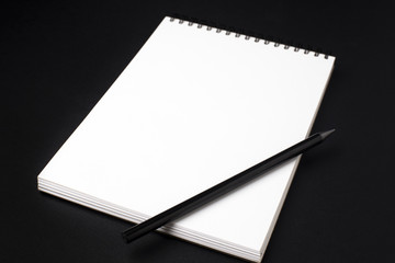 Opened clean notebook or sketchbook with pencil on black background