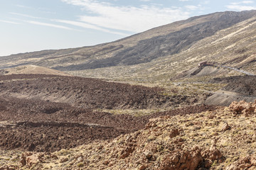 Landscape of a completely dry and desert area of volcanic lava in the area of the Teide National Park, Canary Islands