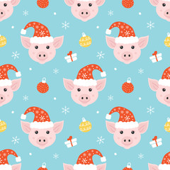 Cute seamless pattern vector background with pig character in santa hat, christmas balls, snowflakes and gifts for winter holidays design.