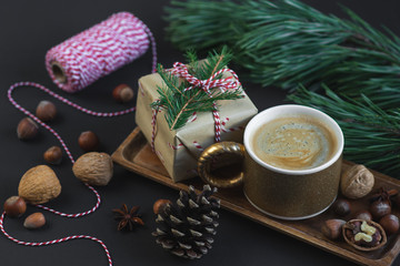 Christmas Gift Boxes Decoration Natural Decor New Year Party Concept Vintage Pine Cones Nuts