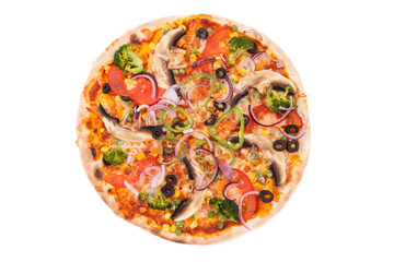 Delicious vegetable pizza with cheese , isolated. Top view