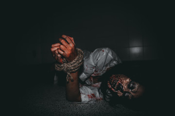 Portrait of asian woman make up ghost face with blood,Horror scene,Scary background,Halloween...