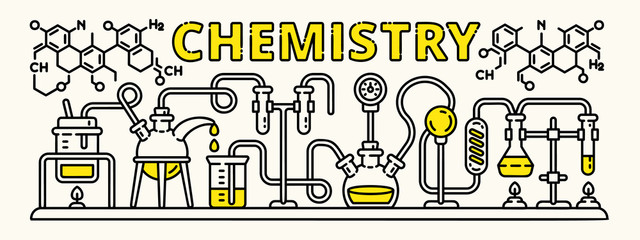 Chemistry experiment banner. Outline illustration of chemistry experiment vector banner for web design