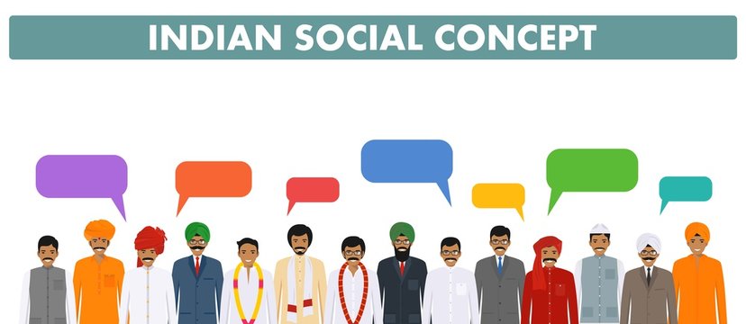 Social concept. Group indian people standing together and speech bubbles in different traditional national clothes on white background in flat style. Vector illustration.
