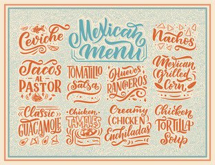 Mexican Menu lettering with traditional food names Guacamole, Enchilada, Tacos, Nachos and more. Vector vintage illustration. Background for restaurant, cafe, showcase, storefront design