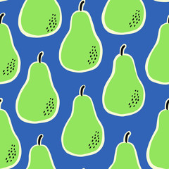 Hand drawn seamless pattern with pears in green, black and cream on blue background.