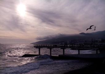 On the beach of Yalta in the winter weather