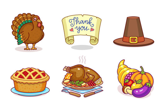 A Collection Set Of Thanksgiving Vector Virtual Gifts: Turkey, Thank You Note, Piligrim Hat, Pumpkin Pie, Dinner Plate, Cornucopia