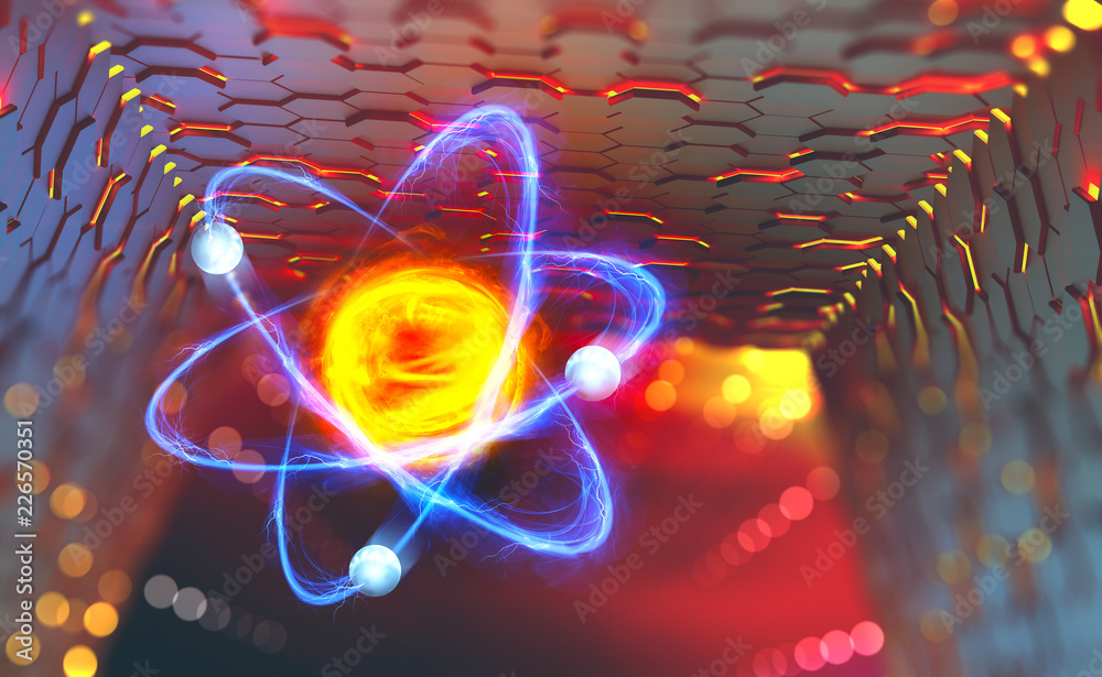 Aufkleber Atomic reactor. Experiments with the hadron collider. Investigation of the structure of an atom. 3D illustration of an innovative breakthrough in science