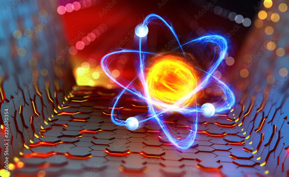 Aufkleber Atomic reactor. Experiments with the hadron collider. Investigation of the structure of an atom. 3D illustration of an innovative breakthrough in science