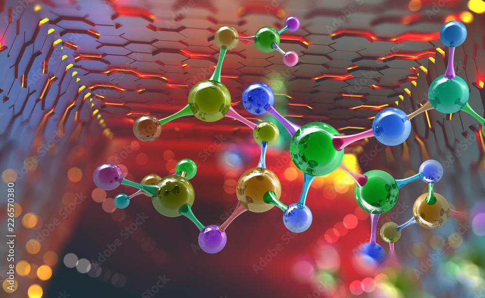 Poster Molecule. Hi Tech technology in the field of genetic engineering. Scientific breakthrough in molecular synthesis. 3D illustration on a futuristic background