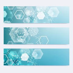 Scientific set of modern vector banners. DNA molecule structure with connected lines and dots. Scientific and technology concept. Wave flow graphic background for your design. Vector illustration.