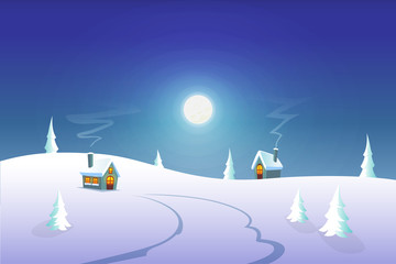 Winter greeting card - winter night landscape with houses on moonlight