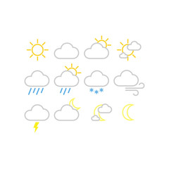 Weather forecast vector icons. Sunny, snowy, rainy weather icon set. White fill, editable stroke.