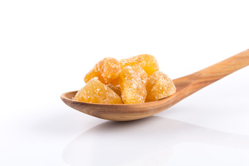 heap of sweat Candied ginger isolated on white