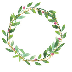 Watercolour branch with leaves and berries arranged in a circle  frame.