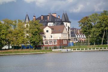 Modern building of the embankment of the Top lake. Kaliningrad