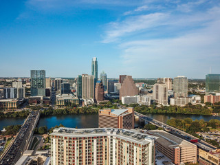 Naklejka premium Aerial of Auston Texas from the Congress Avenue Bridge next to the Statesmans Bat Observation Center