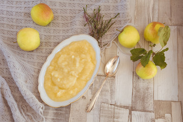 Selbst gekochter frischer Apfelmus in einer Porzellanschale mit frischen Äpfeln als Dekoration