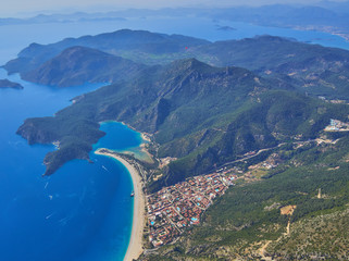 Hotels in Oludeniz and amazing beach, top view, Turkey