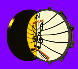 Music sign 3D illustration 1. on purple background. Symbol, design, composition, drum, cymbal, piano. Collection.