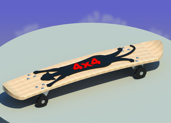 Plywood skate board four-wheel drive 3D illustration. Scateboard, black cat print, 3d text, sky background. Collection.