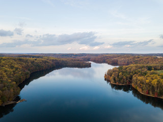 Fototapeta premium Aerial of Loch Raven Reservoir in Baltimore County, Maryland during Fall